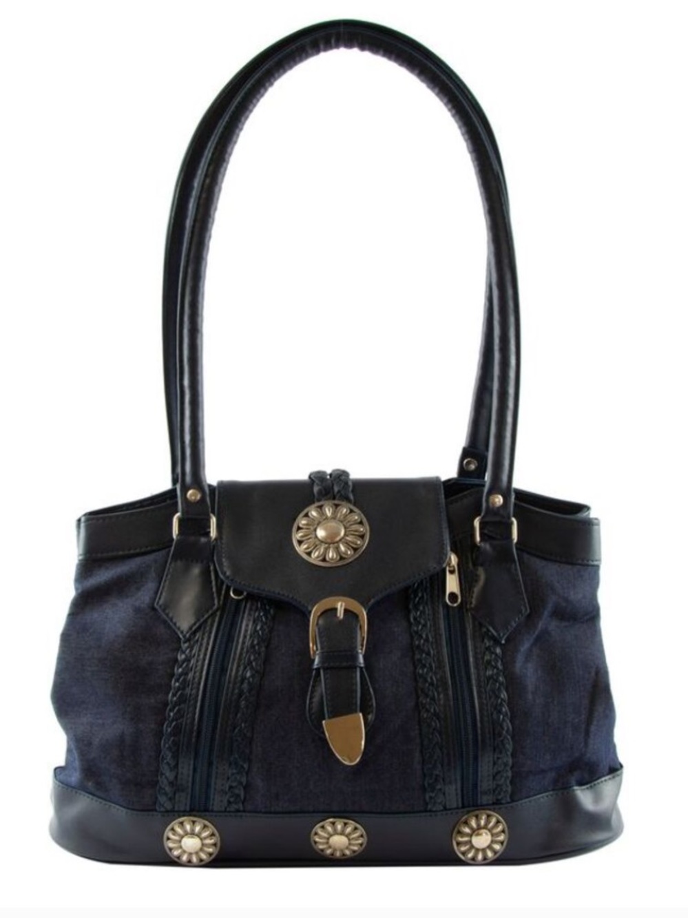 Canyon Sky Southwestern Denim
Blue Shoulder Bag with Faux Leather Navy Trim NEW
